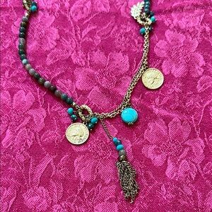 Gold and Turquoise Coin tassel Pendant Necklace 28-30” adjustable